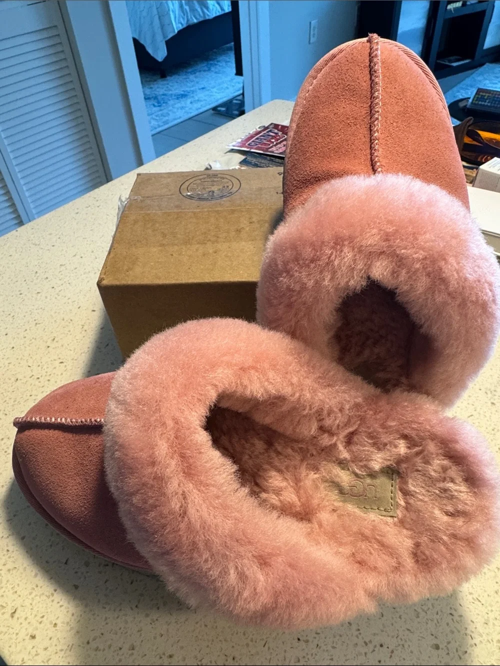 UGG Pink Shearling-Trim Slide Slippers